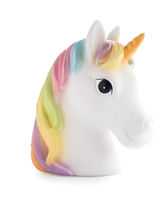 Close-up of the rainbow mane and unicorn’s gentle expression