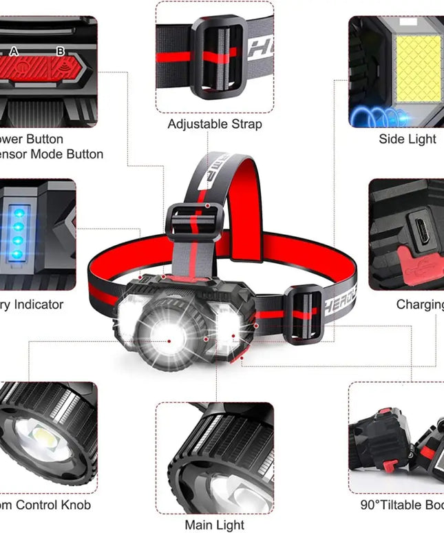 Rechargeable LED Headlamp with Motion Sensor, Zoom Function and SOS Lights for Outdoor Sports Dropli, Home & Garden > Garden Lights, v178-65593