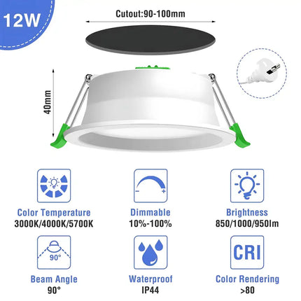 12W Tri-Colour Dimmable LED Downlight | 90mm Cut Out | Reno Optix