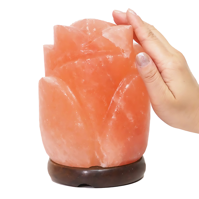 Handcrafted rose salt lamp made from 100% Himalayan salt with an Australian-standard cord.