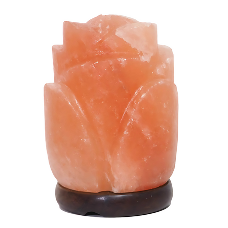 Rose-shaped Himalayan salt lamp with a timber base, glowing warmly in a cozy setting Melbourne.