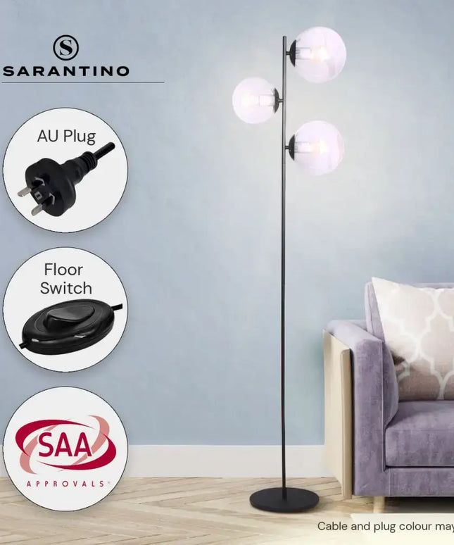Sarantino 3-Light Black Metal Floor Lamp-Home & Garden > Lighting-Koala Lamps and Lighting