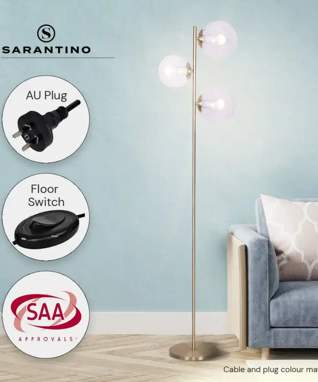 Sarantino 3-Light Gold Metal Floor Lamp with Glass Shades-Home & Garden > Lighting-Koala Lamps and Lighting