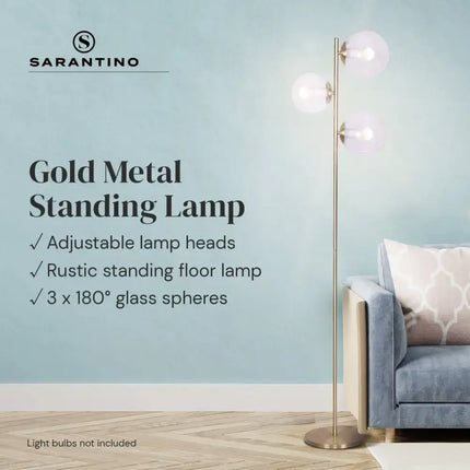 Sarantino 3-Light Gold Metal Floor Lamp with Glass Shades-Home & Garden > Lighting-Koala Lamps and Lighting