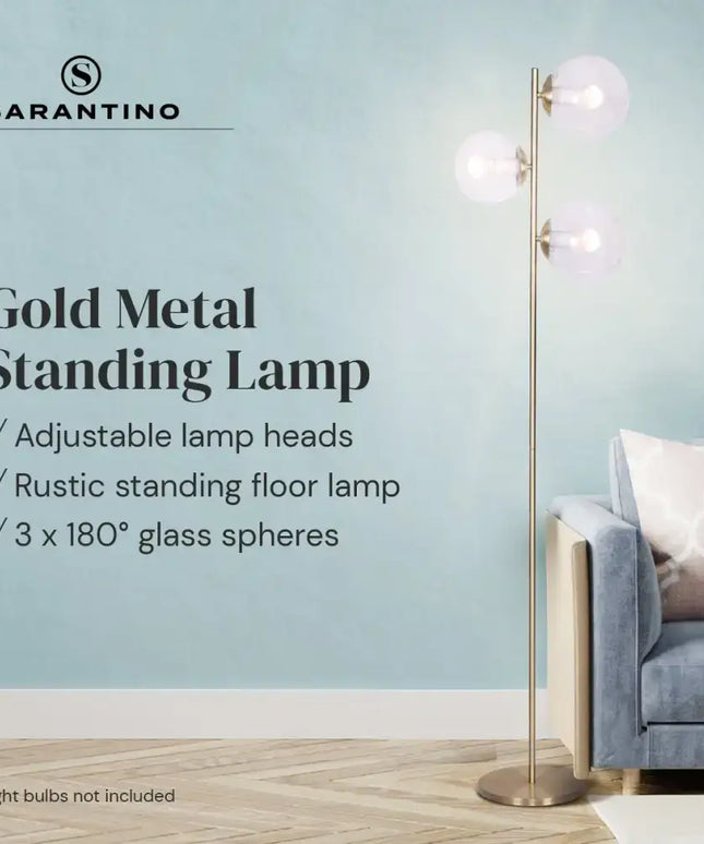 Sarantino 3-Light Gold Metal Floor Lamp with Glass Shades-Home & Garden > Lighting-Koala Lamps and Lighting