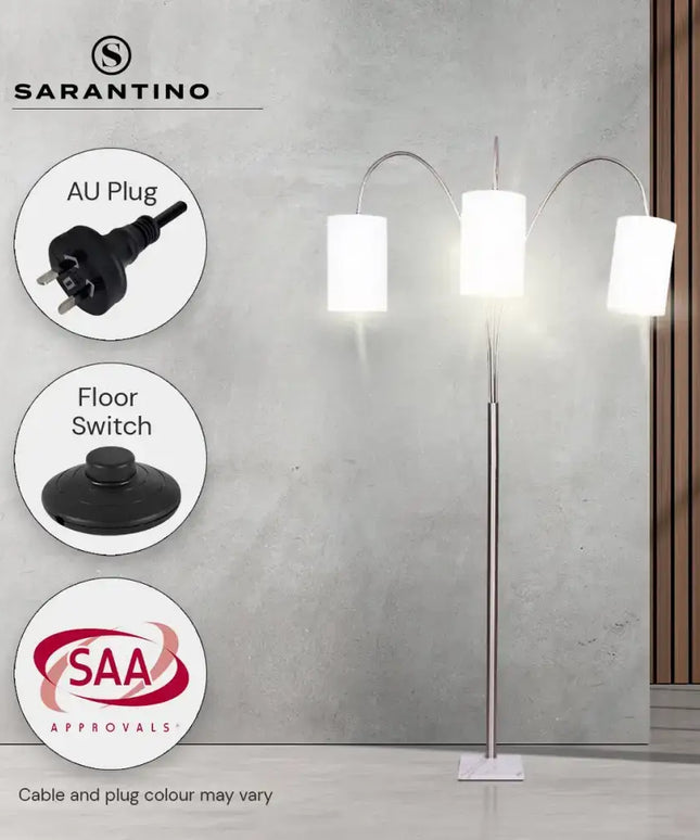 Sarantino 3-Light Metal Arc Floor Lamp - Nickel & Marble Finish-Home & Garden > Lighting-Koala Lamps and Lighting