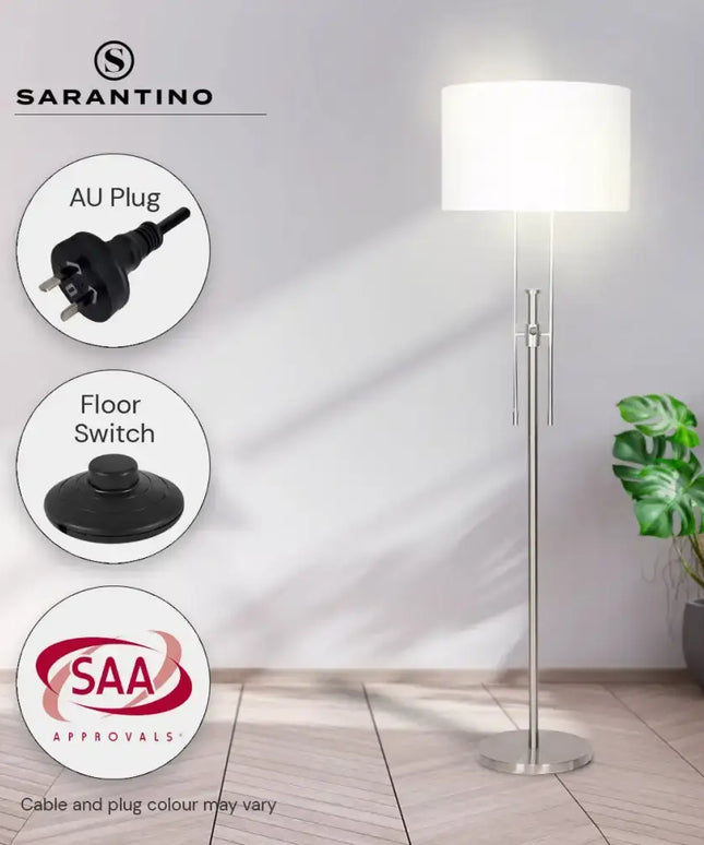 Sarantino Brushed Nickel Height-Adjustable Metal Floor Lamp-Home & Garden > Lighting-Koala Lamps and Lighting
