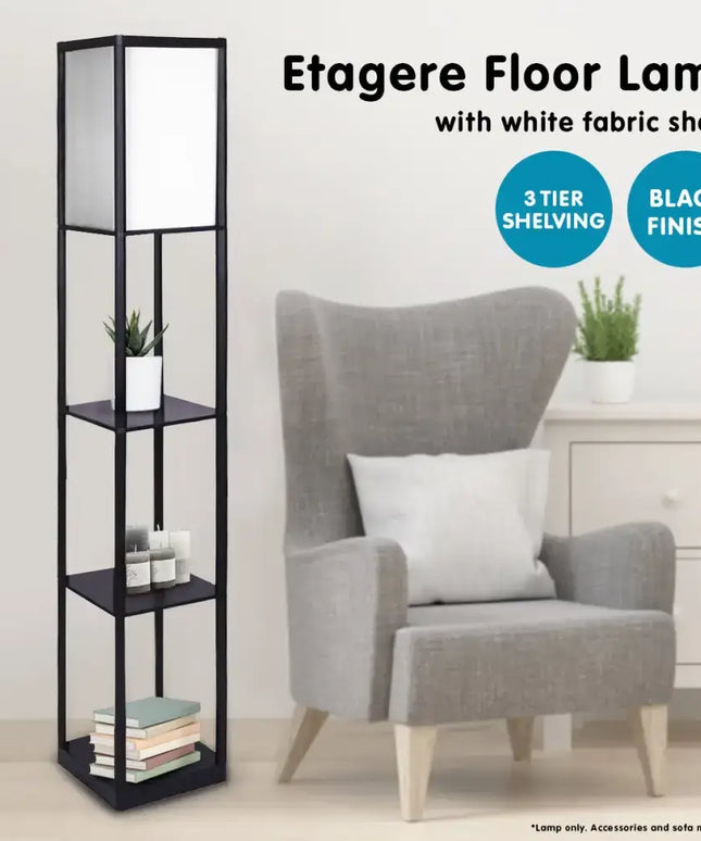 Sarantino Etagere Floor Lamp Shelves in Black Frame Fabric Shade-Home & Garden > Lighting-Koala Lamps and Lighting