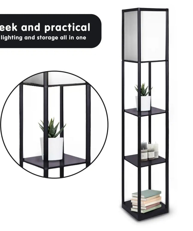 Sarantino Etagere Floor Lamp Shelves in Black Frame Fabric Shade-Home & Garden > Lighting-Koala Lamps and Lighting