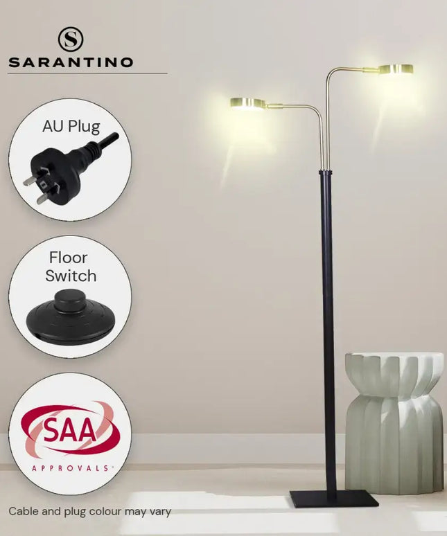 Sarantino LED Metal Floor Lamp with 2 Lights in Brushed Gold and Black Finish-Home & Garden > Lighting-Koala Lamps and Lighting