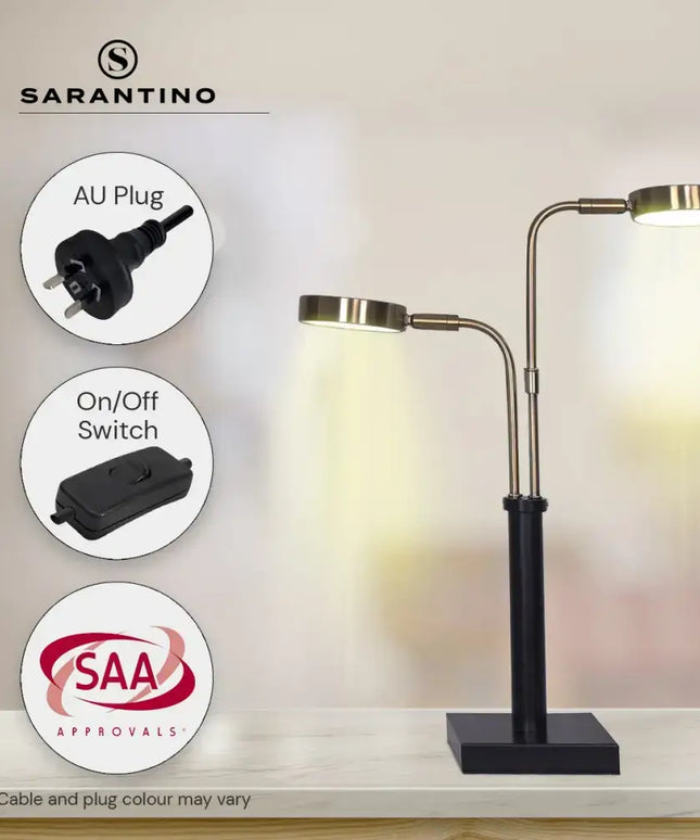 Sarantino LED Metal Table Lamp with 2 Lights Brushed Gold Black Finish-Home & Garden > Lighting-Koala Lamps and Lighting