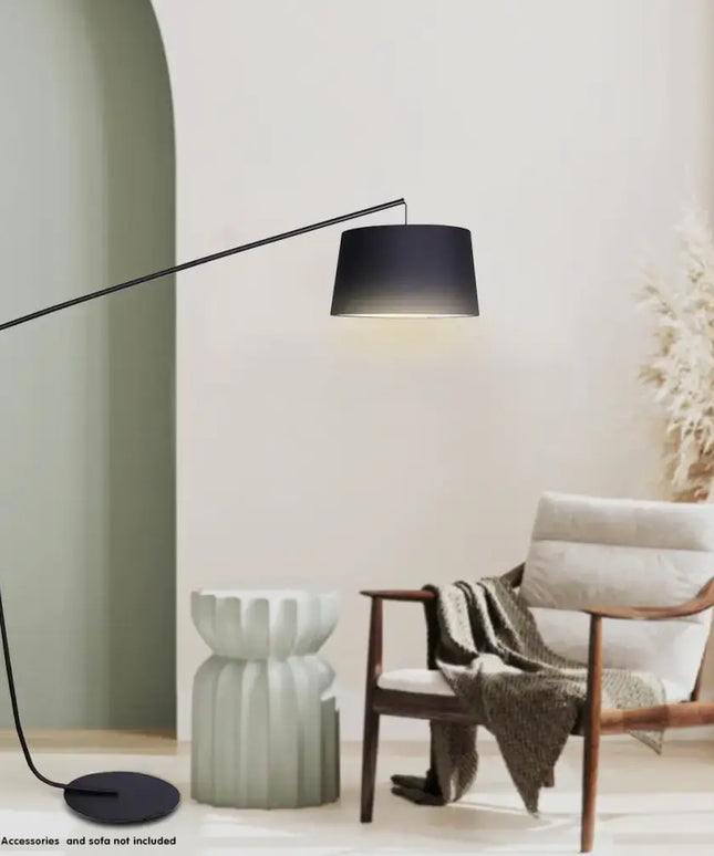 Sarantino Metal Arc Floor Lamp in Black Finish with Linen Taper Shade-Home & Garden > Lighting-Koala Lamps and Lighting