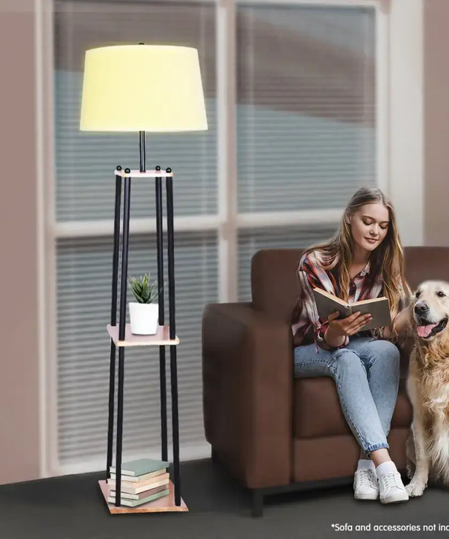 Sarantino Metal Etagere Floor Lamp Wood shelf Cream Fabric Shade-Home & Garden > Lighting-Koala Lamps and Lighting