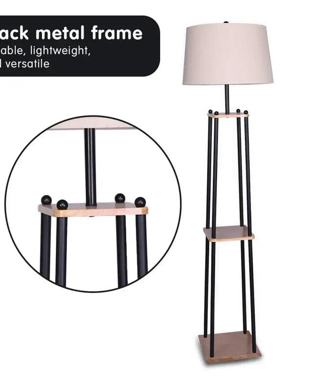 Sarantino Metal Etagere Floor Lamp Wood shelf Cream Fabric Shade-Home & Garden > Lighting-Koala Lamps and Lighting