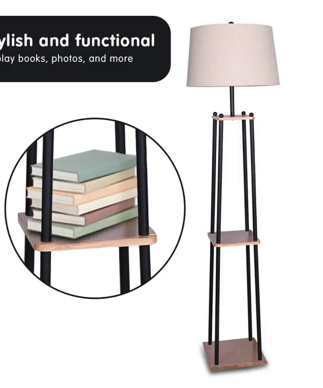 Sarantino Metal Etagere Floor Lamp Wood shelf Cream Fabric Shade-Home & Garden > Lighting-Koala Lamps and Lighting