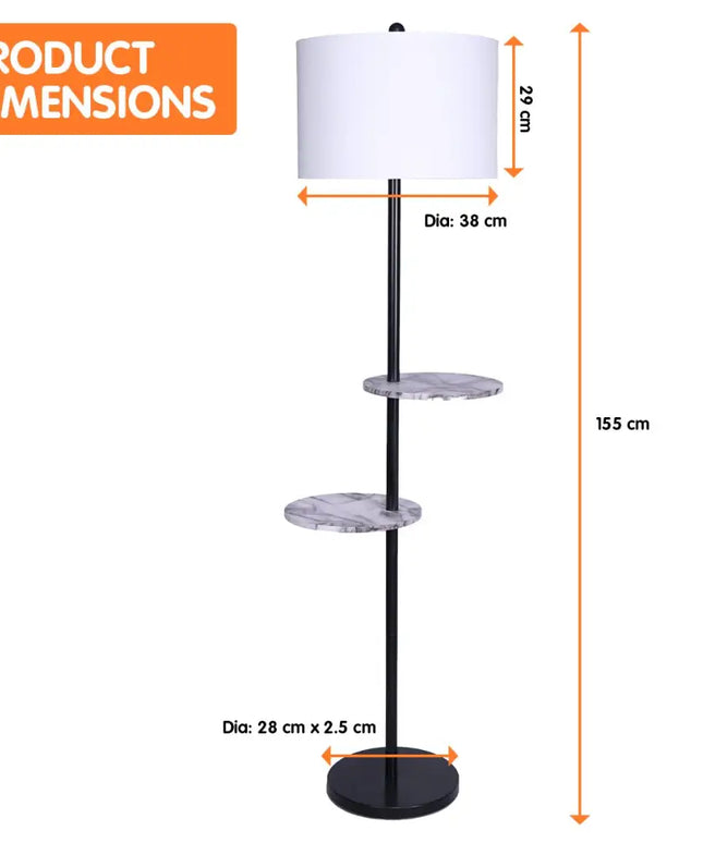 Sarantino Metal Floor Lamp Shade Black Post in Marble Finish Shelves-Home & Garden > Lighting-Koala Lamps and Lighting