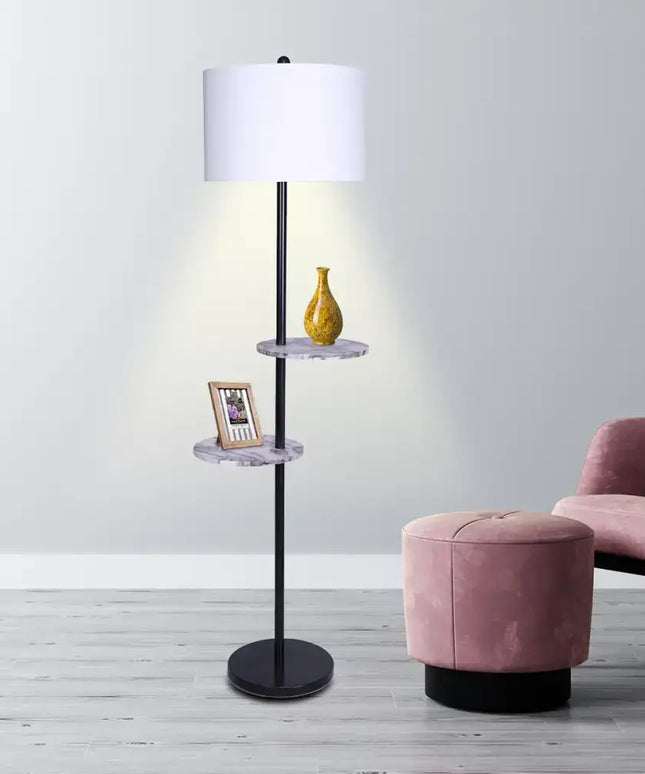 Sarantino Metal Floor Lamp Shade Black Post in Marble Finish Shelves-Home & Garden > Lighting-Koala Lamps and Lighting