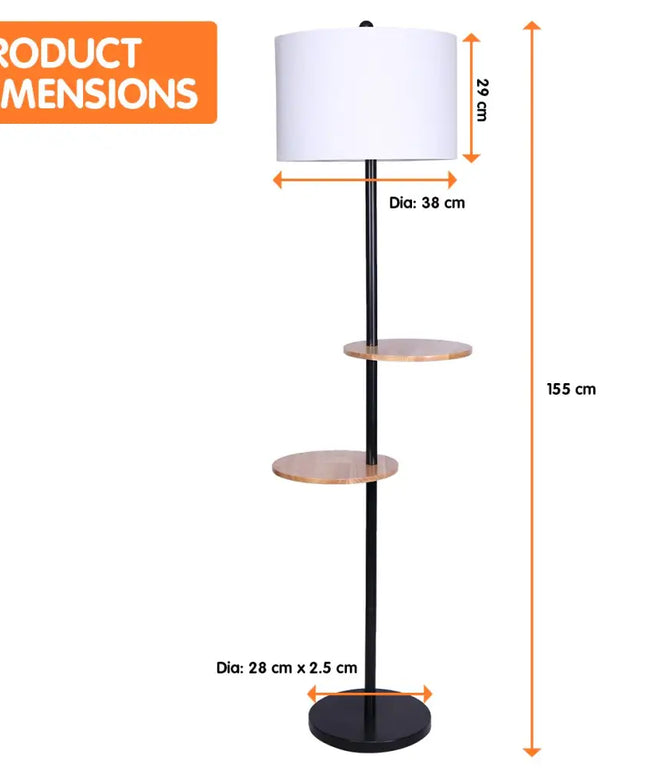 Sarantino Metal Floor Lamp Shade with Black Post in Round Wood Shelves-Home & Garden > Lighting-Koala Lamps and Lighting