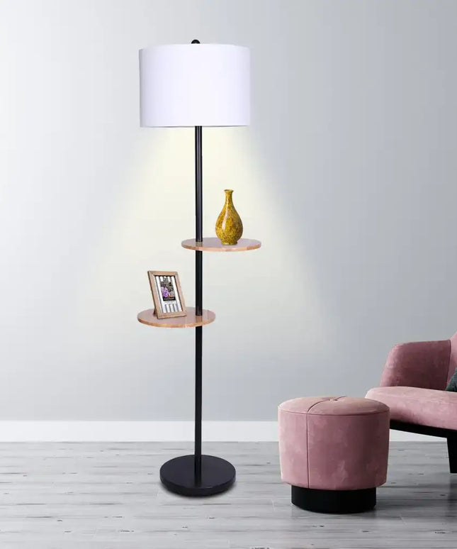 Sarantino Metal Floor Lamp Shade with Black Post in Round Wood Shelves-Home & Garden > Lighting-Koala Lamps and Lighting