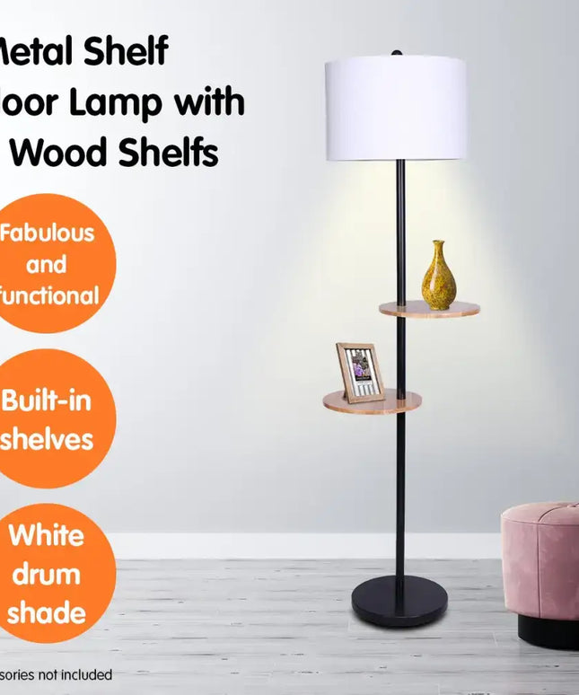 Sarantino Metal Floor Lamp Shade with Black Post in Round Wood Shelves-Home & Garden > Lighting-Koala Lamps and Lighting