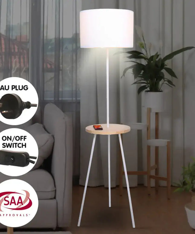 Sarantino Metal Tripod Floor Lamp Shade with Wooden Table Shelf-Home & Garden > Lighting-Koala Lamps and Lighting