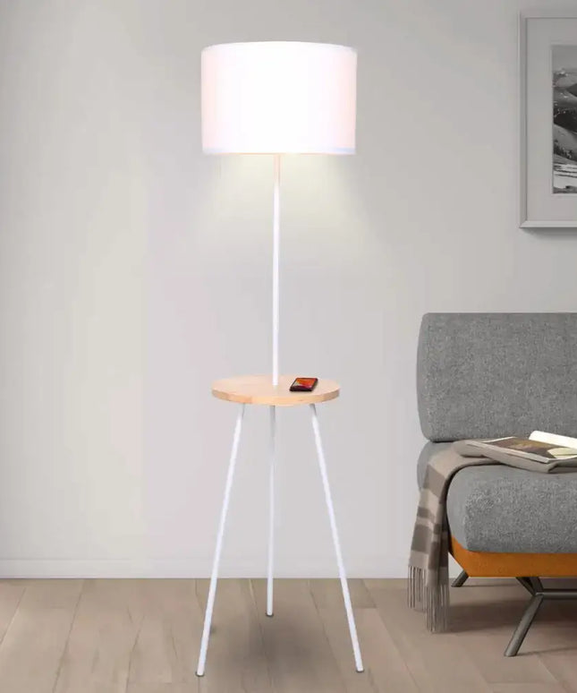 Sarantino Metal Tripod Floor Lamp Shade with Wooden Table Shelf-Home & Garden > Lighting-Koala Lamps and Lighting