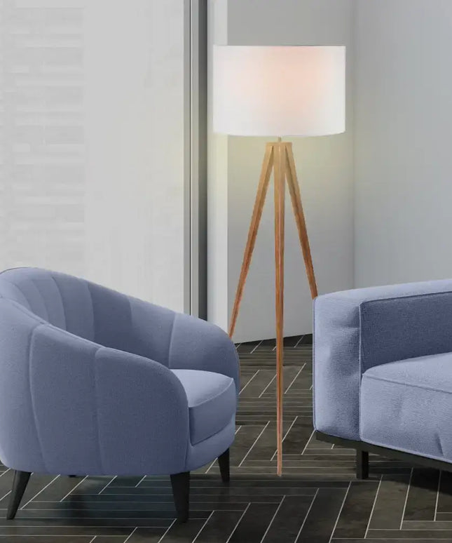 Sarantino Metal Tripod Floor Spot Lamp Shade Drum in Wooden Finish-Home & Garden > Lighting-Koala Lamps and Lighting