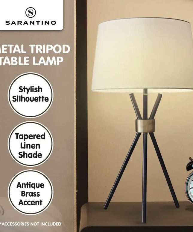 Sarantino Metal Tripod Table Lamp with Antique Brass Accent-Home & Garden > Lighting-Koala Lamps and Lighting