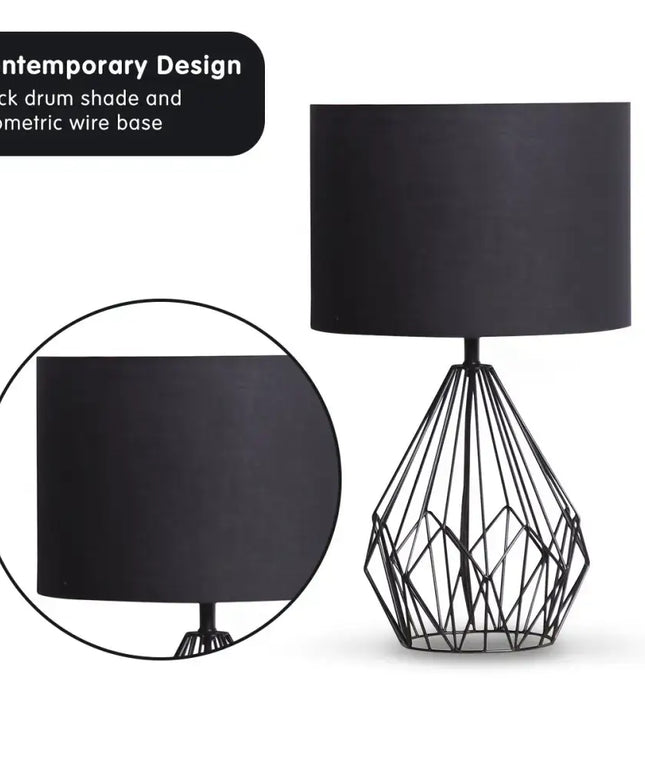 Sarantino Metal Wire Table Lamp in Black Finish With Black Drum Shade-Home & Garden > Lighting-Koala Lamps and Lighting
