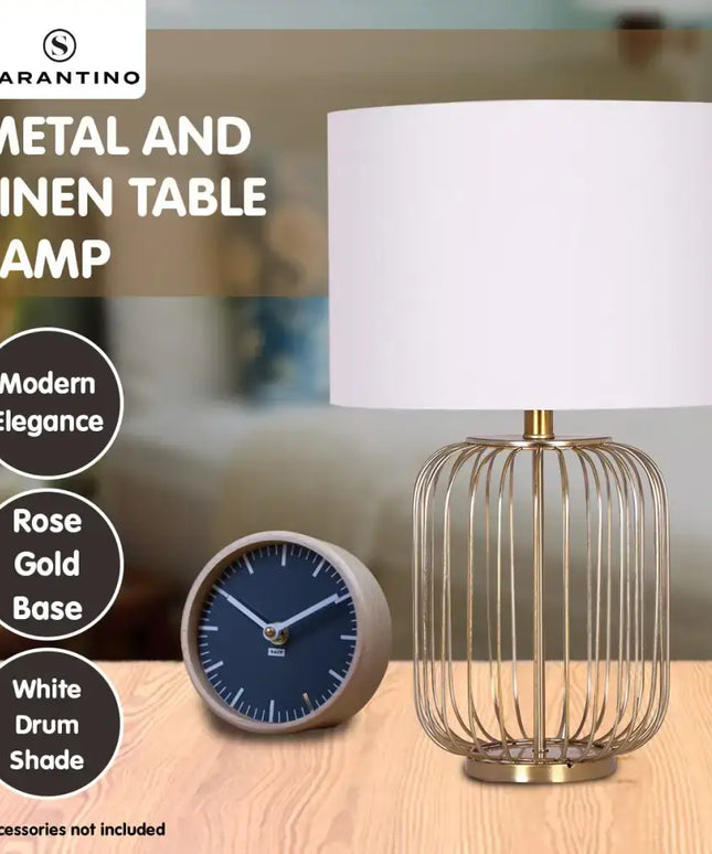 Sarantino Rose Gold Table Lamp with Linen Drum Shade-Home & Garden > Lighting-Koala Lamps and Lighting