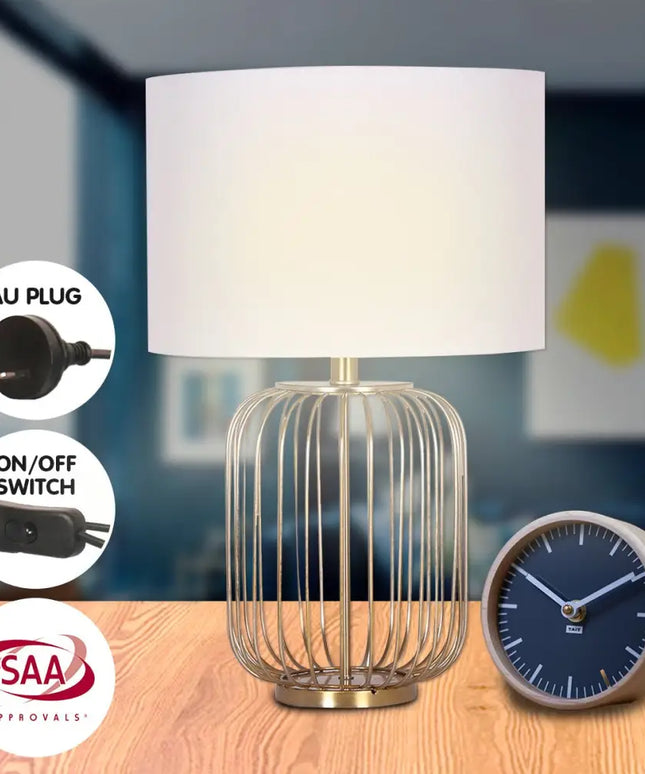 Sarantino Rose Gold Table Lamp with Linen Drum Shade-Home & Garden > Lighting-Koala Lamps and Lighting