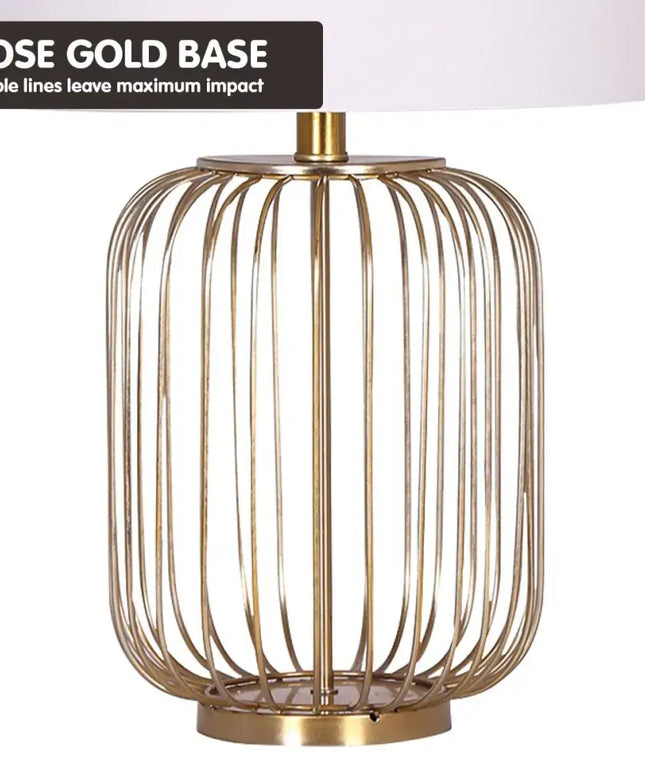 Sarantino Rose Gold Table Lamp with Linen Drum Shade-Home & Garden > Lighting-Koala Lamps and Lighting