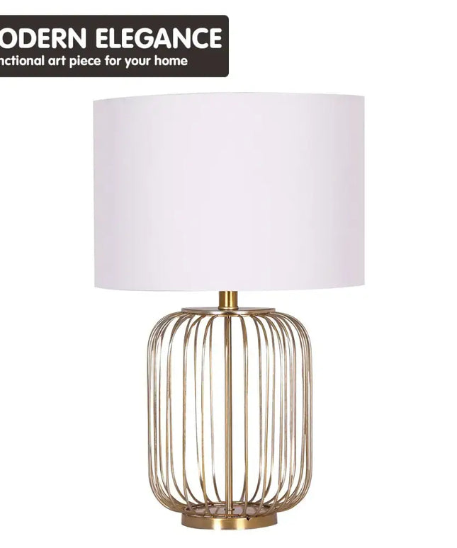 Sarantino Rose Gold Table Lamp with Linen Drum Shade-Home & Garden > Lighting-Koala Lamps and Lighting