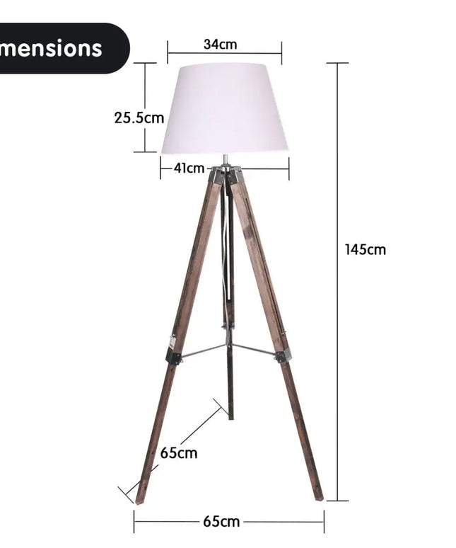 Sarantino Solid Wood Tripod Floor Lamp Adjustable Height White Shade-Home & Garden > Lighting-Koala Lamps and Lighting