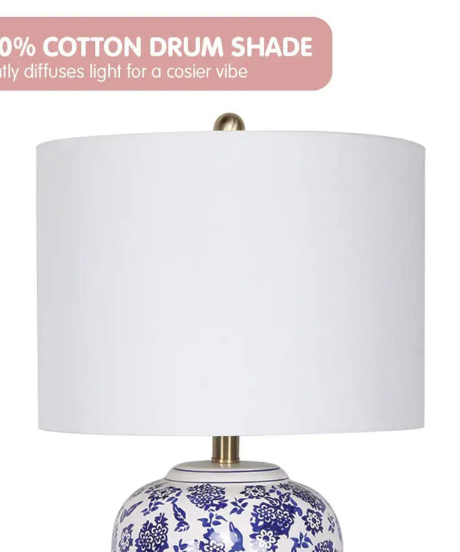 Sarantino Table Lamp Ceramic Floral Base Cotton Drum Shade-Home & Garden > Lighting-Koala Lamps and Lighting