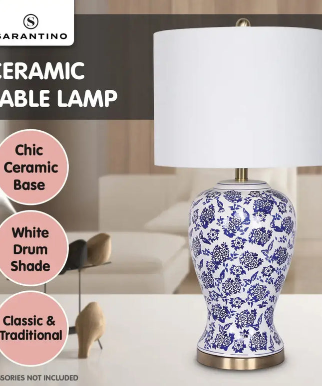 Sarantino Table Lamp Ceramic Floral Base Cotton Drum Shade-Home & Garden > Lighting-Koala Lamps and Lighting