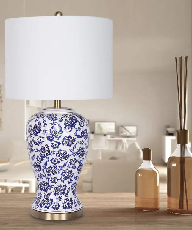 Sarantino Table Lamp Ceramic Floral Base Cotton Drum Shade-Home & Garden > Lighting-Koala Lamps and Lighting