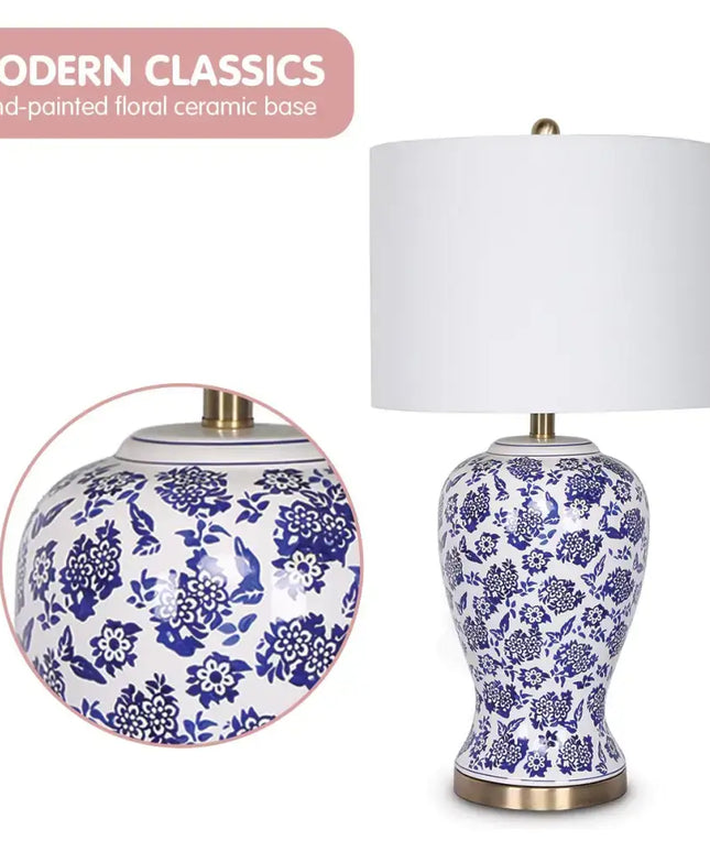 Sarantino Table Lamp Ceramic Floral Base Cotton Drum Shade-Home & Garden > Lighting-Koala Lamps and Lighting