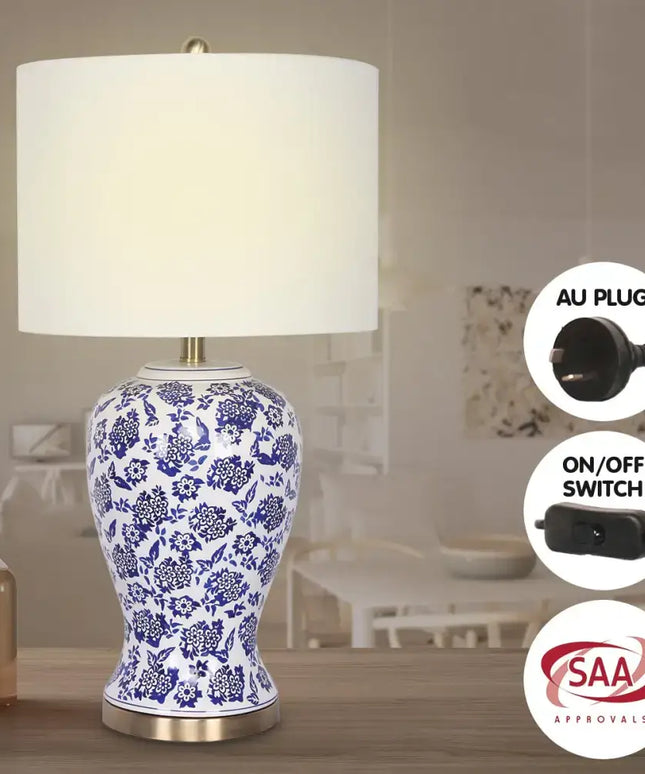 Sarantino Table Lamp Ceramic Floral Base Cotton Drum Shade-Home & Garden > Lighting-Koala Lamps and Lighting