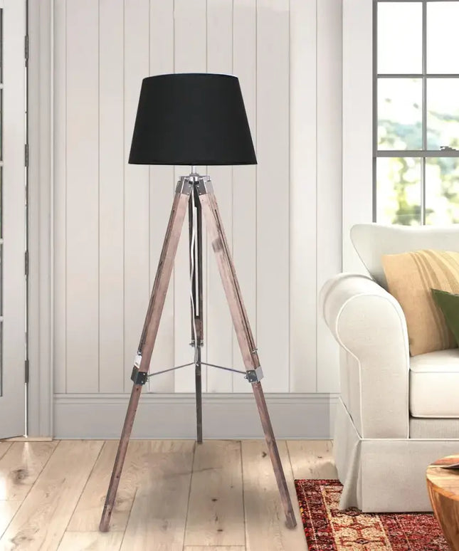 Sarantino Timber Tripod Floor Lamp Adjustable Height Taper Fabric-Home & Garden > Lighting-Koala Lamps and Lighting