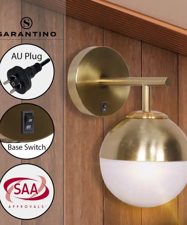 Sarantino Wall Lamp with Gold Metal Base and White Glass Shade-Home & Garden > Lighting-Koala Lamps and Lighting