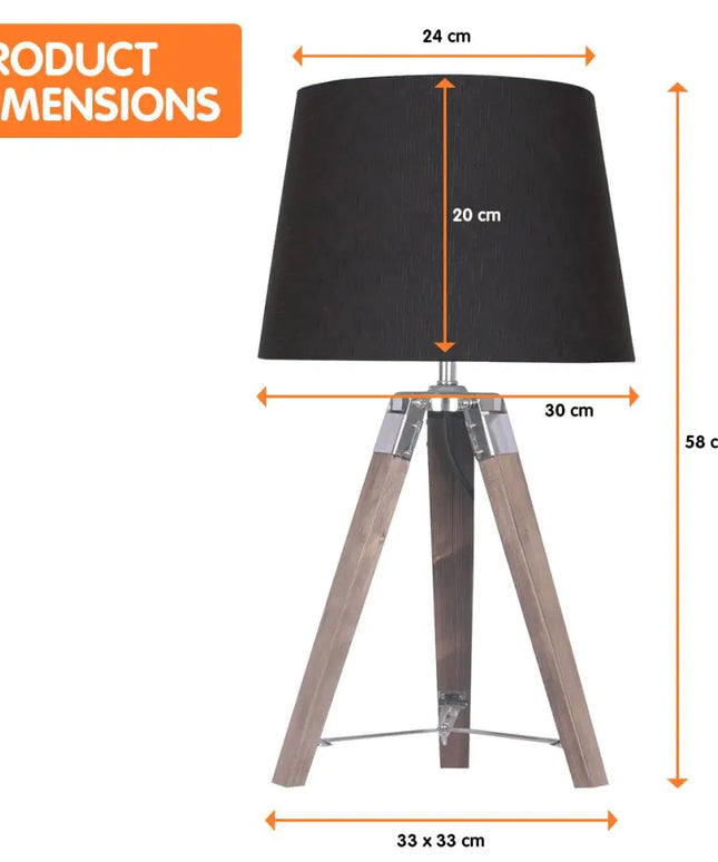 Sarantino Wooden Tripod Table Lamp With Black Taper Fabric Shade-Home & Garden > Lighting-Koala Lamps and Lighting