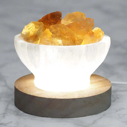 Selenite Fire Bowl With Citrine Rough on Large LED Base - Home & Garden > Home & Garden Others