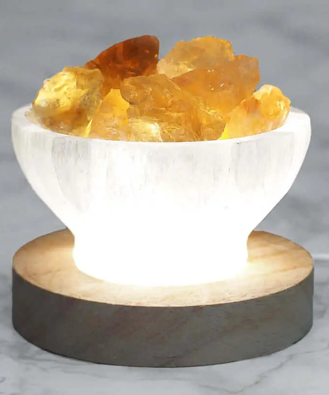 Selenite Fire Bowl With Citrine Rough on Large LED Base - Home & Garden > Home & Garden Others