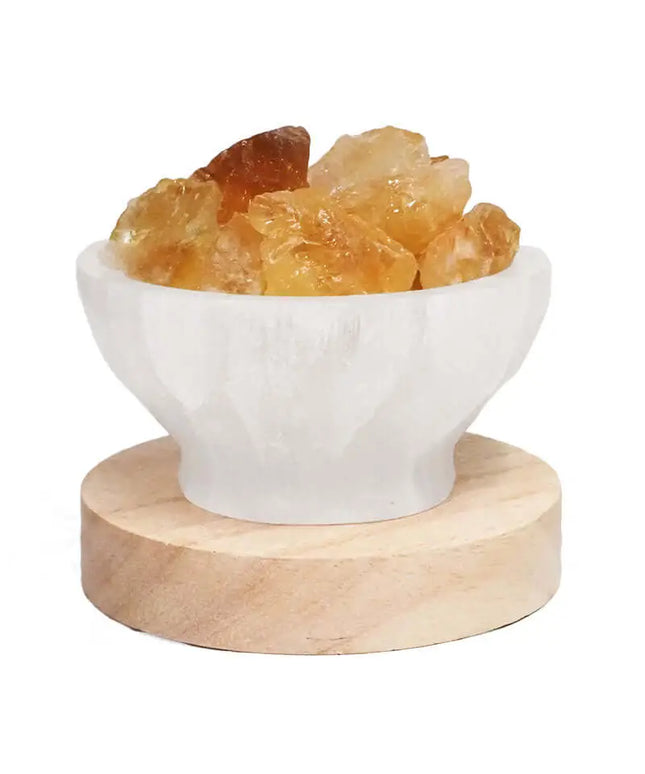 Selenite Fire Bowl With Citrine Rough on Large LED Base - Home & Garden > Home & Garden Others