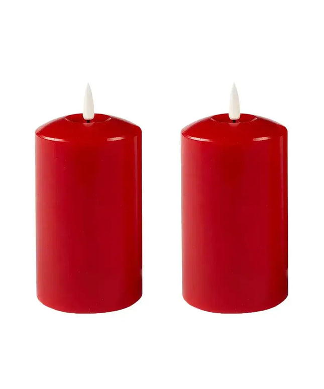 Set of 2 LED Red Wax Pillar Candles - 3 Size Options-Christmas Table Decoration&Candle-Lexi Lighting