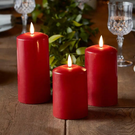 Set of 2 LED Red Wax Pillar Candles - 3 Size Options-Christmas Table Decoration&Candle-Lexi Lighting