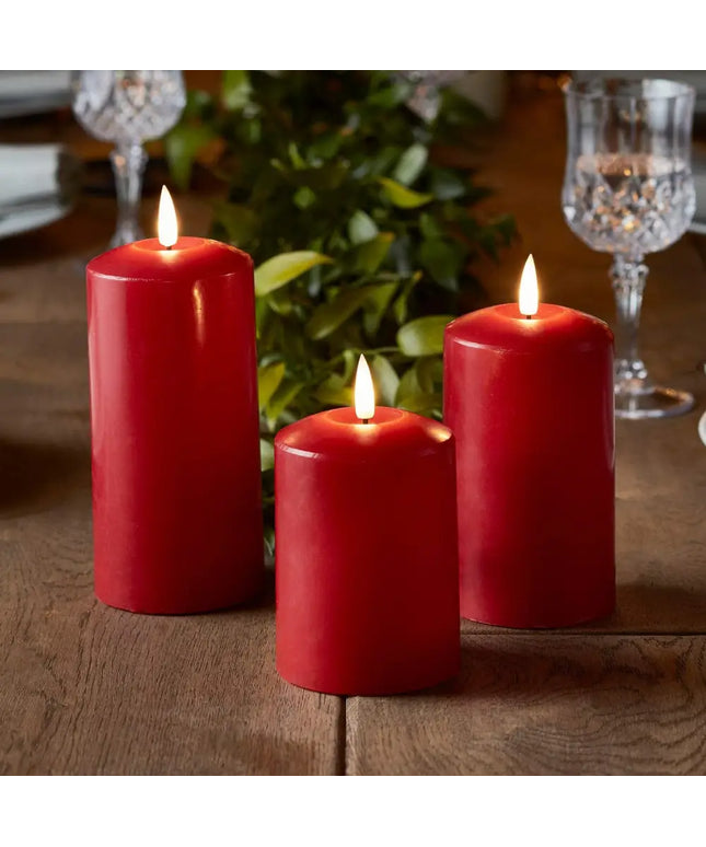 Set of 2 LED Red Wax Pillar Candles - 3 Size Options-Christmas Table Decoration&Candle-Lexi Lighting
