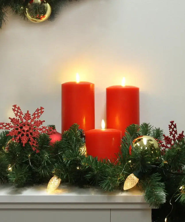 Set of 2 LED Red Wax Pillar Candles - 3 Size Options-Christmas Table Decoration&Candle-Lexi Lighting