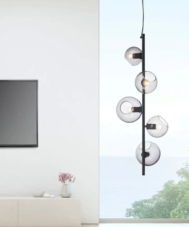 Sinus 5 Light Pendant Black & Smoked Glass - SL64413/5BK-Island Pendant Lights-Oriel Lighting